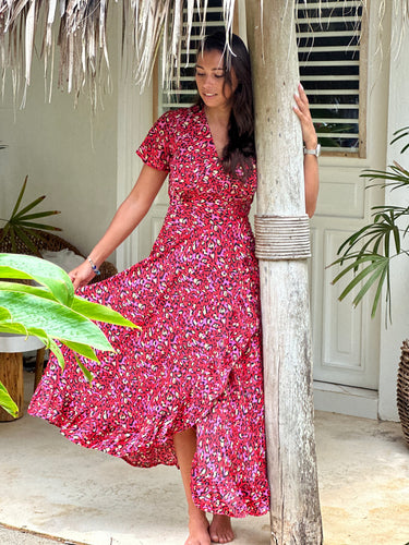 Vestido largo de seda envolvente rosa